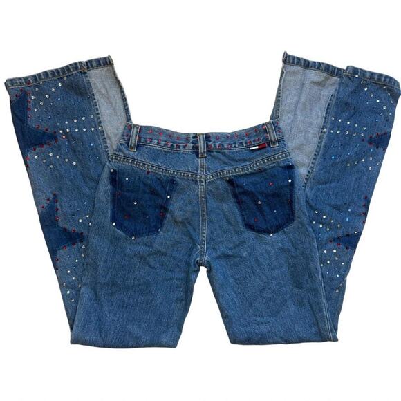 TOMMY JEANS Y2K Low Rise Rhinestone Split Flare Denim Stars Logo Retro Size 0 - Picture 2 of 13